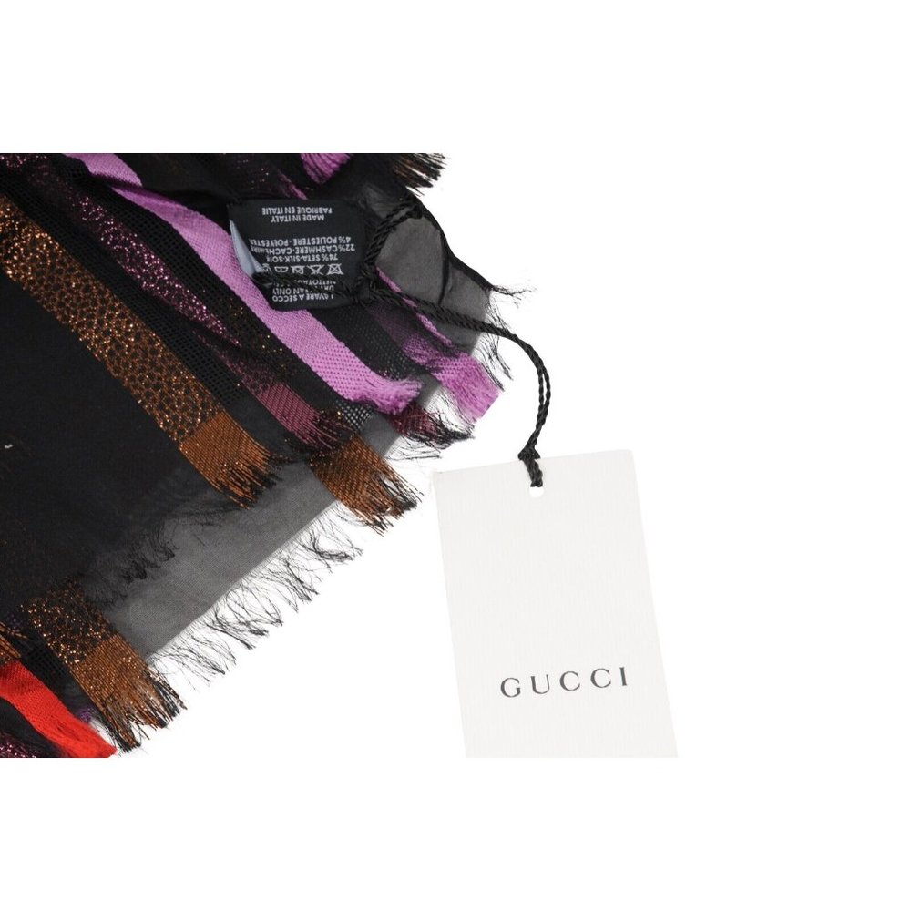 Gucci Women Striped Scarf Black Pink Red Brown Metallic Silk Cashmere Shawl Wrap - Picture 5 of 7